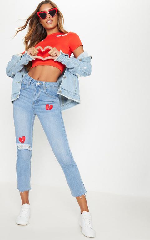 Mid Wash Heart Breaker Embroidered Mom Jeans