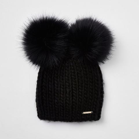 Black Faux Fur Double Pom Pom Beanie 
