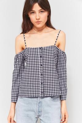 Urban Outfitters Gingham Button Down Cold Shoulder Top - Womens S