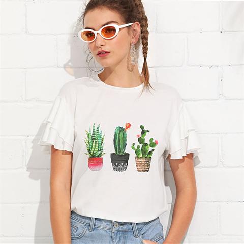 Camiseta Con Estampado De Cactus De Manga Mariposa A Capas