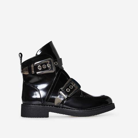 Veyron Buckle Detail Biker Boot In Black Patent, Black