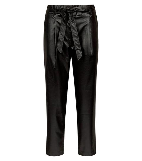 Black Leather-look Tie Waist Tapered 