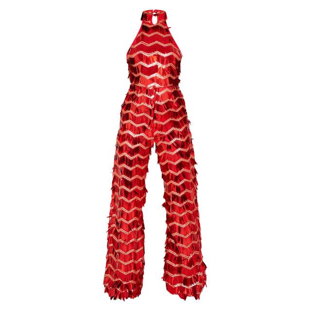 Red sequin high neck jumpsuit Clearance