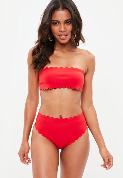 Red Bandeau High Waist Scallop Bikini