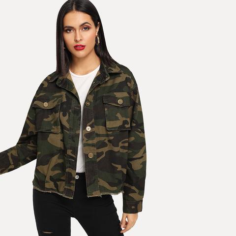 Veste En Jean Avec Imprimé Camouflage Et Poches