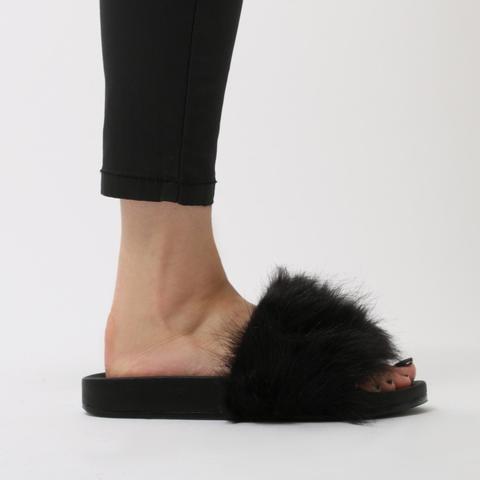 Sun Faux Fur Slider Sandals In Black