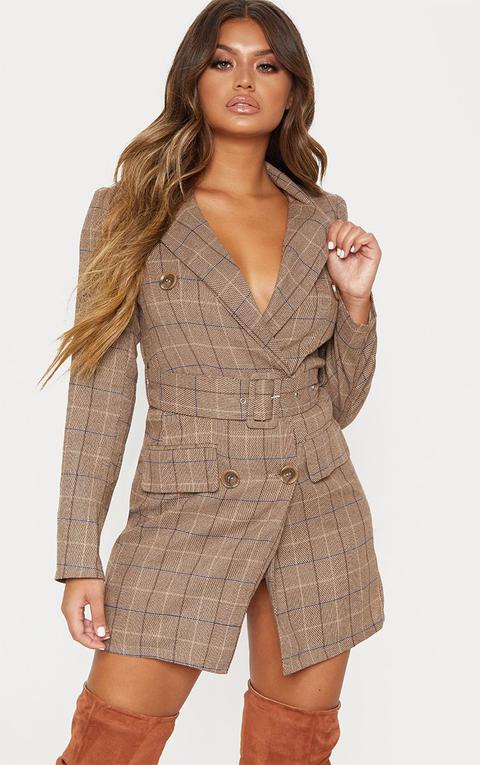 Robe Blazer Marron Carreaux Avec Ceinture Brun from