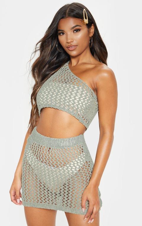 Sage Green Crochet Knit Top And Mini Skirt, Sage Green