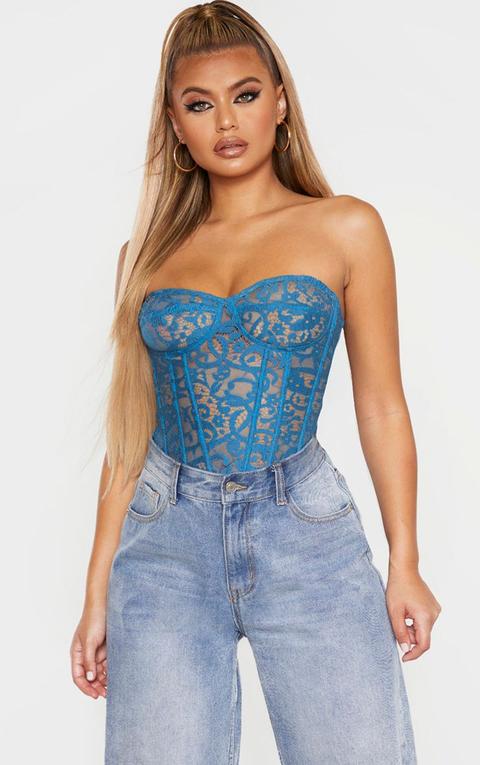 Petrol Blue Sheer Lace Structured Corset Top
