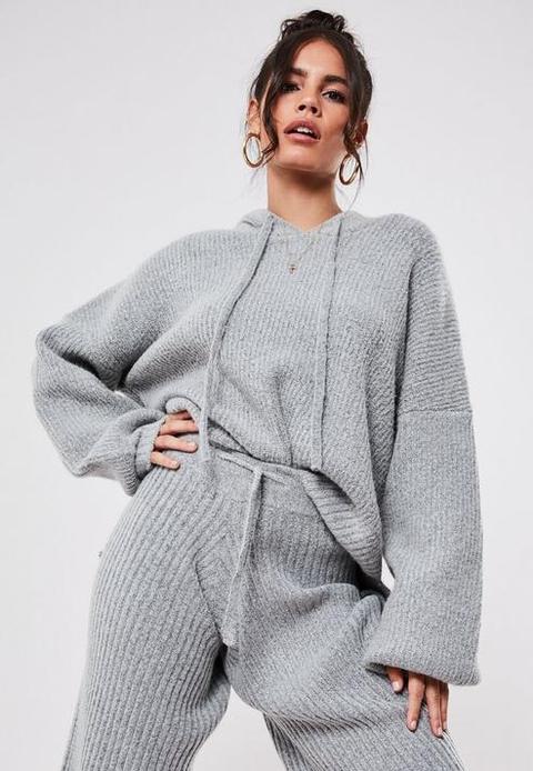 Premium Grey Co Ord Oversized Hooded Knit Jumper, Grey