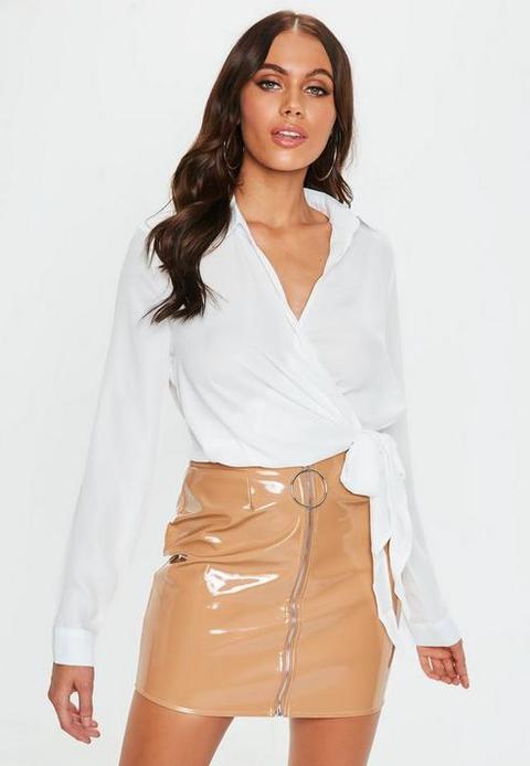 Ivory Wrap Over Tie Side Blouse, Cream