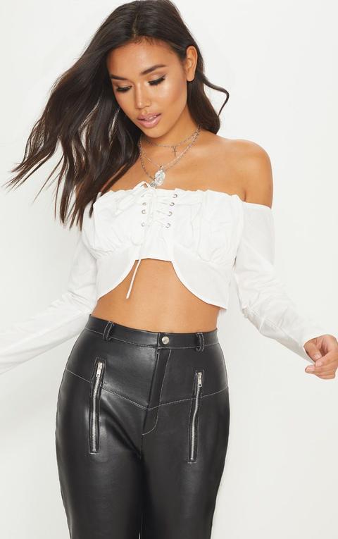 White Lace Up Cup Detail Bardot Crop Top