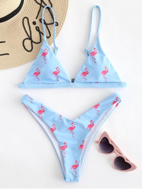 Zaful High Cut Flamingo Bikini Bright Yellow Light Sky Blue Mauve