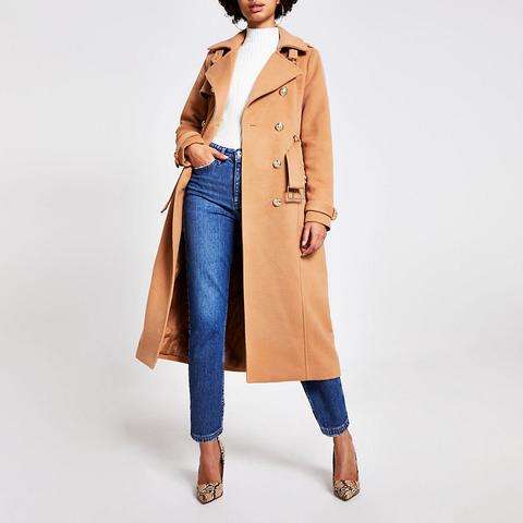 Beige Double Breasted Belted Trench Coat