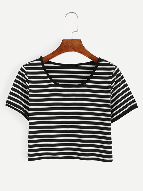 Camiseta Rayas Crop Negro Blanco