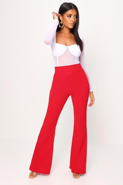 Red Scuba Crepe High Waisted Flare Trousers