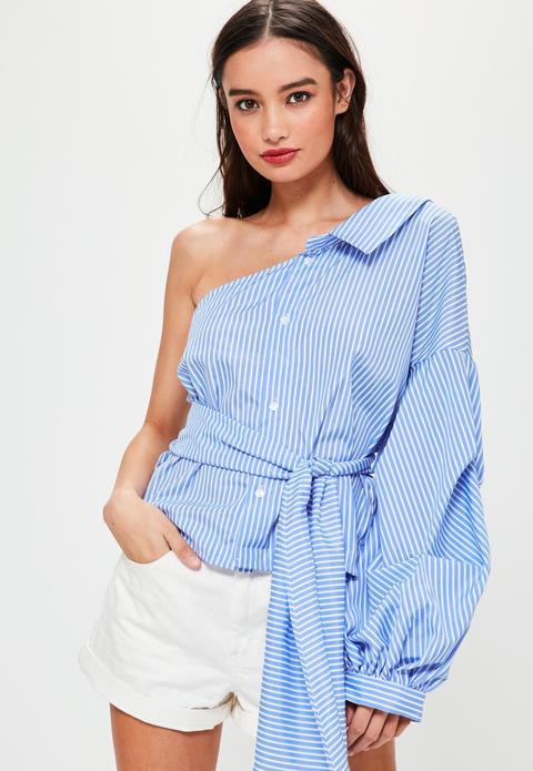 Blue One Shoulder Tie Front Stripe Shirt