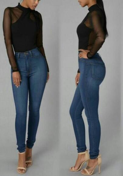 Navy Blue Zipper High Waist Long Jeans