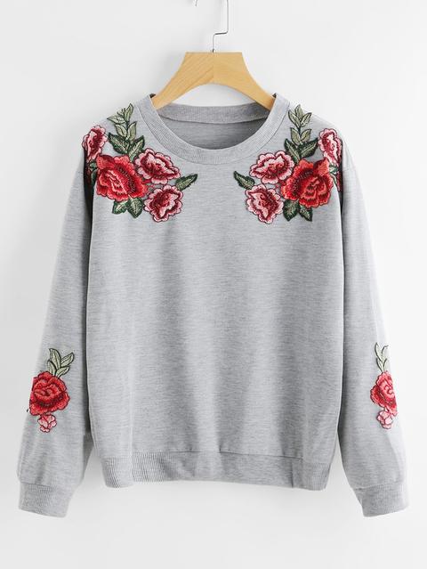 Embroidered Rose Applique Sweatshirt