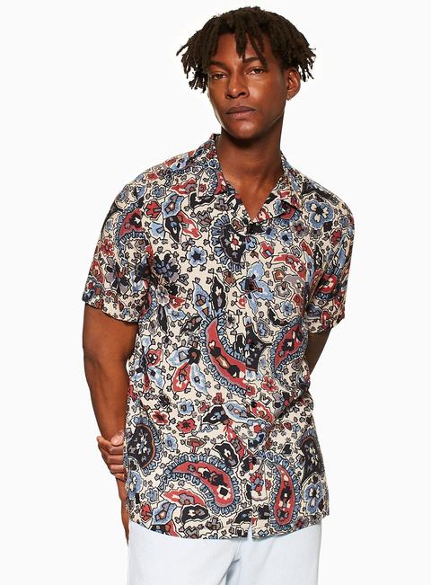 Mens Stone Floral Design Revere Shirt, Stone