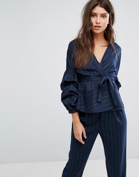 Prettylittlething Balloon Sleeve Pinstripe Jacket - Navy