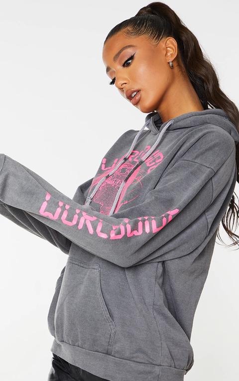 Grey Worldwide Slogan Oversized Hoodie