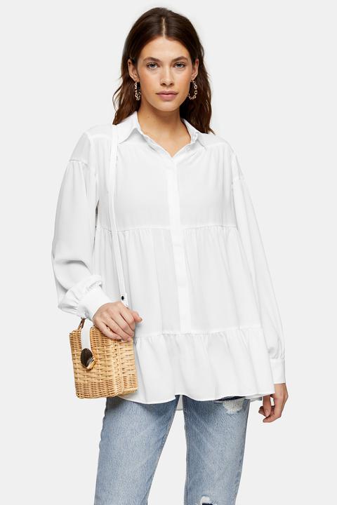 Womens Ivory Tiered Crepe Shirt - Ivory, Ivory