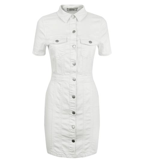 White Button Up Denim Bodycon Dress New Look