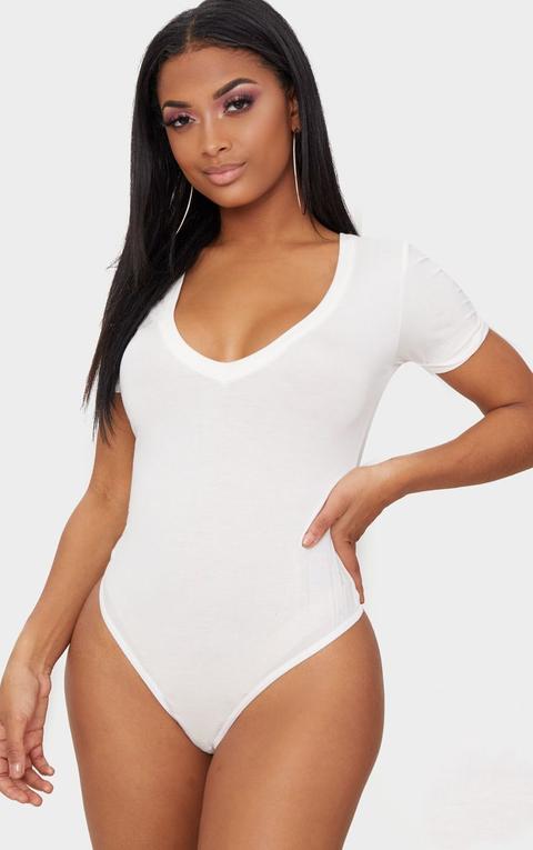 Shape White Jersey V Neck Bodysuit, White