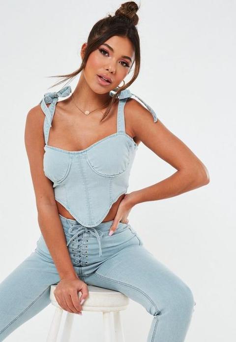 Light Blue Stretch Denim Corset Crop Top, Blue