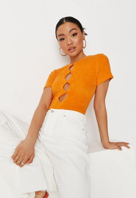 Orange Towelling Cap Sleeve Cut Out Bodysuit, Orange