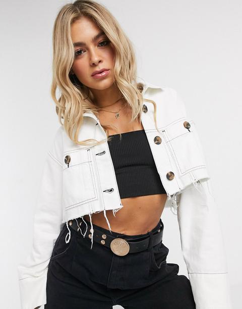 Asos Design Cropped Denim Jacket In White With Contrast Topstitch