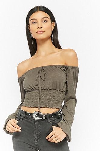 Forever 21 Off-the-shoulder Crop Top Olive