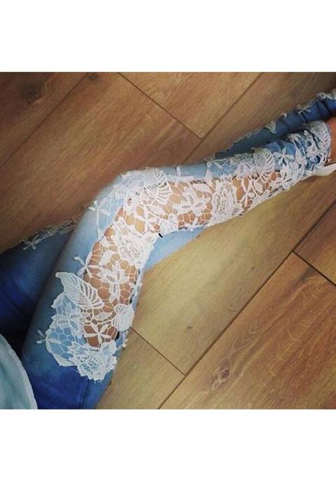 Jeans Uncinetto Pizzo Traforato Tasca Sexy Matita Magro Blu