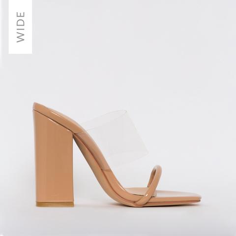 Carissa Wide Fit Nude Patent Clear Block Mules