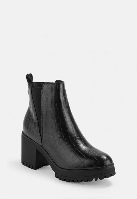 Black Croc Effect Chunky Chelsea Ankle Boots, Black