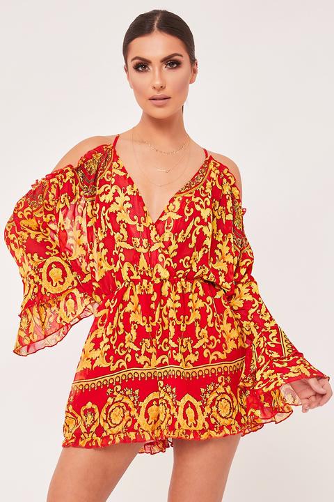 Ayla Red Baroque Print Plunging Neckline Playsuit