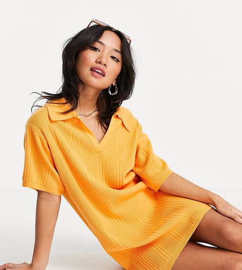 Asos Design Petite Knit Mini Dress With Collar Detail In Orange