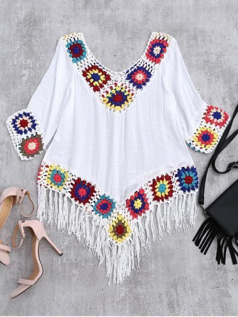 Crochet V Neck Fringed Linen Top