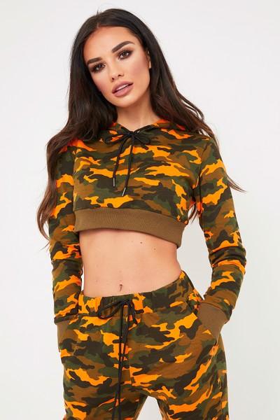 Carmen Orange Camo Crop Hooded Top