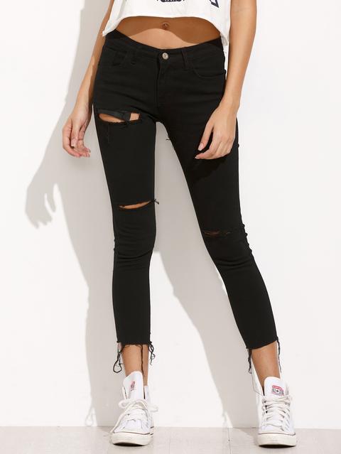 Black Ripped Frayed Denim Pants