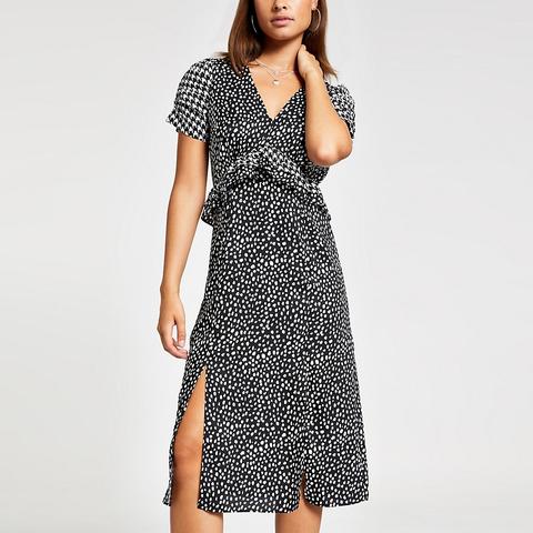 Black Polka Dot Puff Sleeve Midi Dress