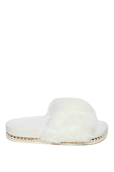 Delilah White Stud Trim Fur Sliders