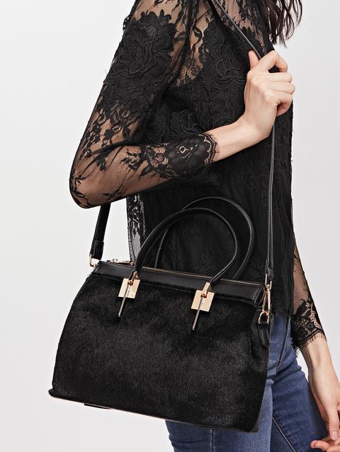 Bolso De Hombro De Pu Con Piel De Cabello - Negro