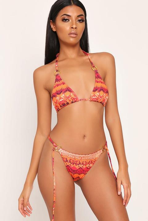 Orange Snake Print Triangle Bikini Bottoms With Hoop Detail