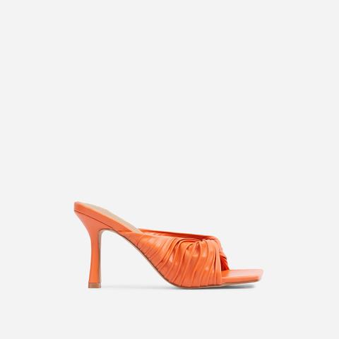 Reese Ruched Detail Square Peep Toe Kitten Heel Mule In Orange Faux Leather, Orange