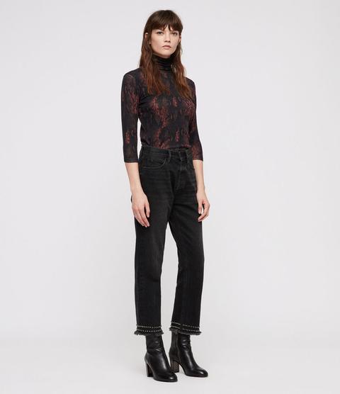 Ava Studded Hem Straight High-rise Jeans, Washed Black