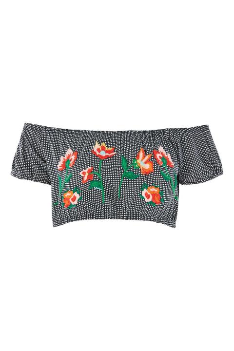 Petite Gingham Embroidered Gypsy Crop Top