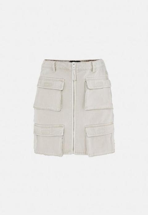 Sand Zip Utility Pocket Denim Mini Skirt, Camel