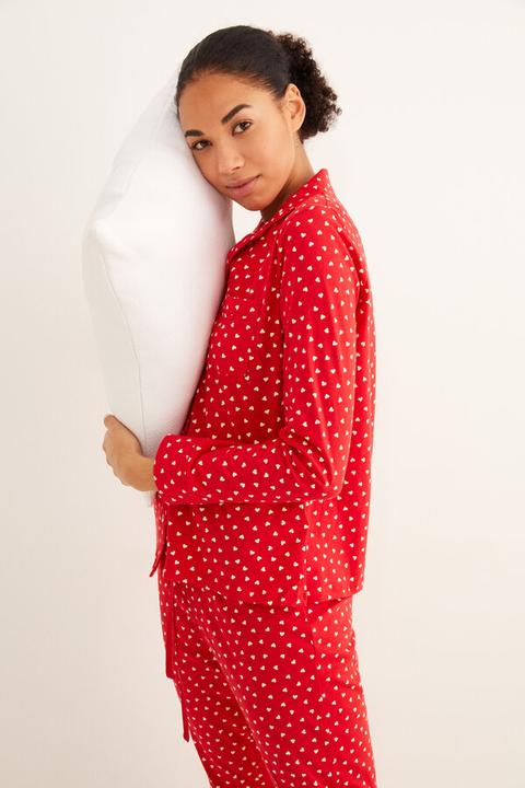 Pijama Largo Camisero Estampado Corazón Rojo